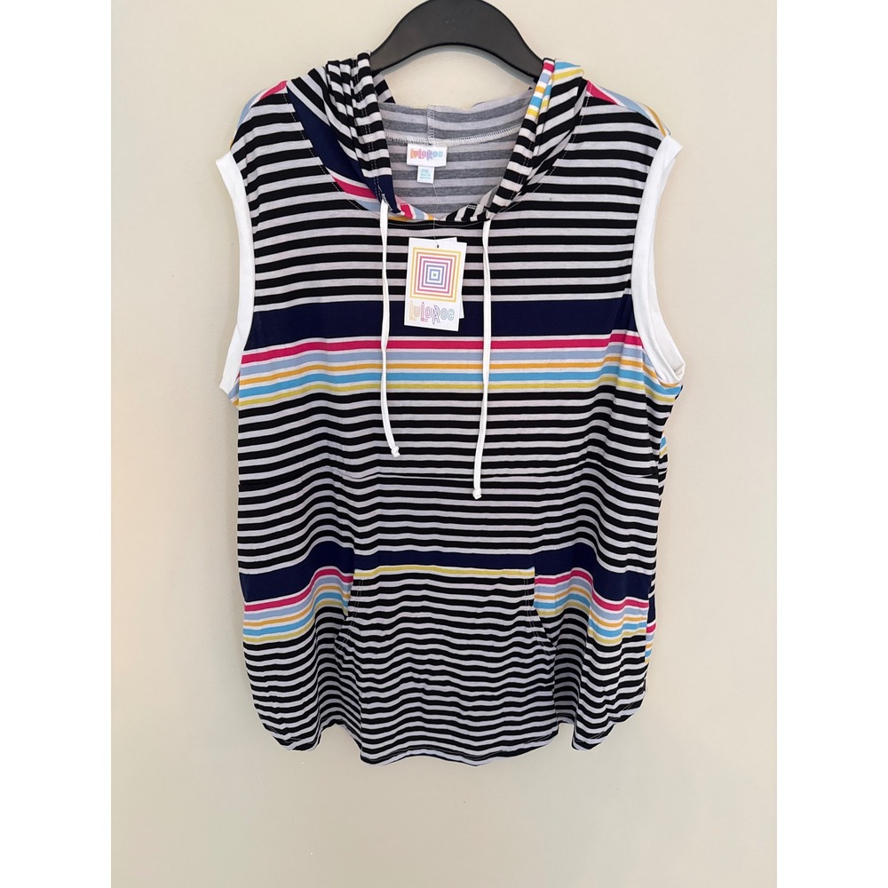 LuLaRoe Brittany Sleeveless Hoodie Top 2XL Multi Color Striped Pocket NEW